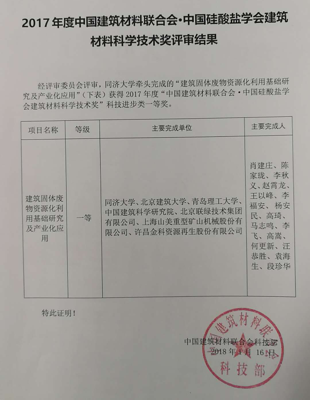 热烈庆祝益达注册股份参与完成的 “建筑固体废弃物资源化利用基础研究及产业化应用”项目获科技进步类一等奖